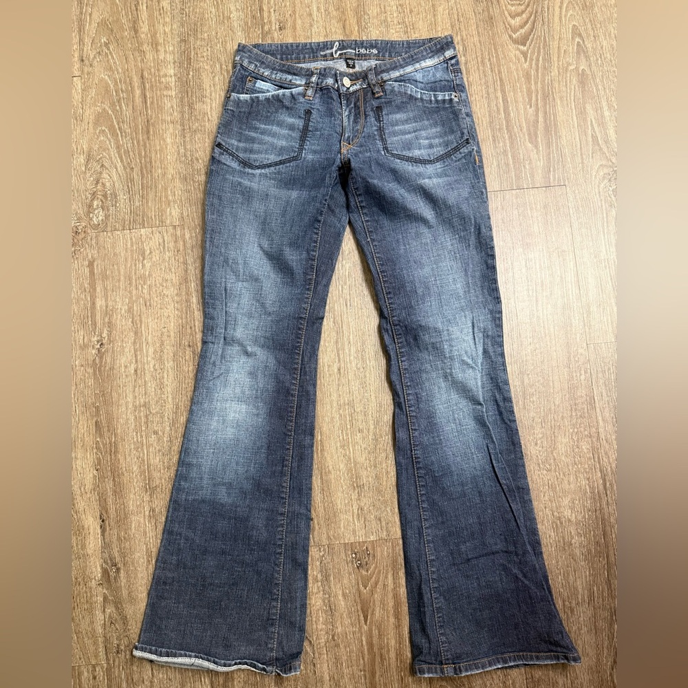 Bebe Jeans Women’s 27 Bootcut Flare Low Rise Y2K Dark Wash Distressed Denim